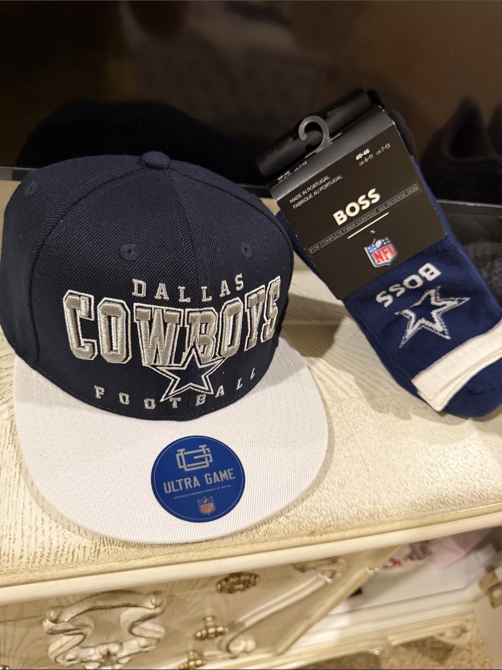 Boss Dallas Cowboys Navy and White Hat with Boss NFL Socks